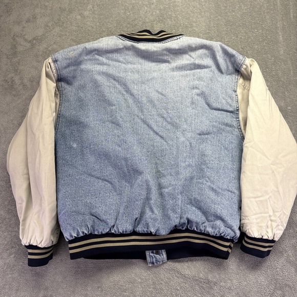 Vintage 90s Denim Varsity Bomber Jacket Large Tan Sleeves Quilt Lined Stone Wash - Picture 3 of 10